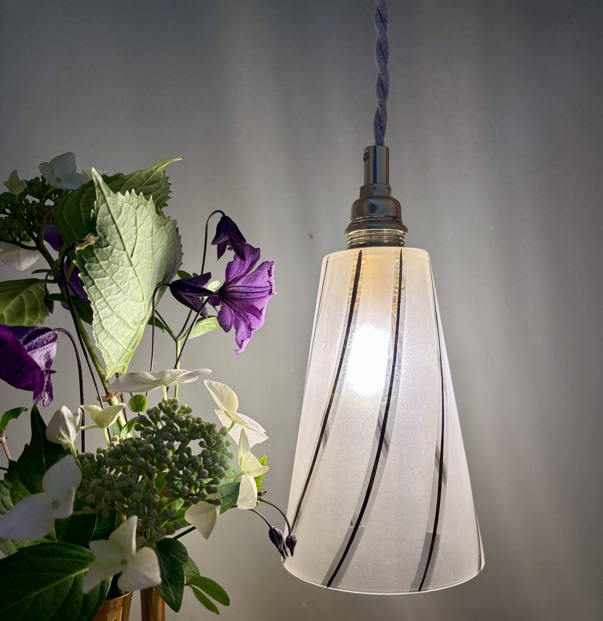 Vintage tulip pendant light in white frosted glass and gold trim