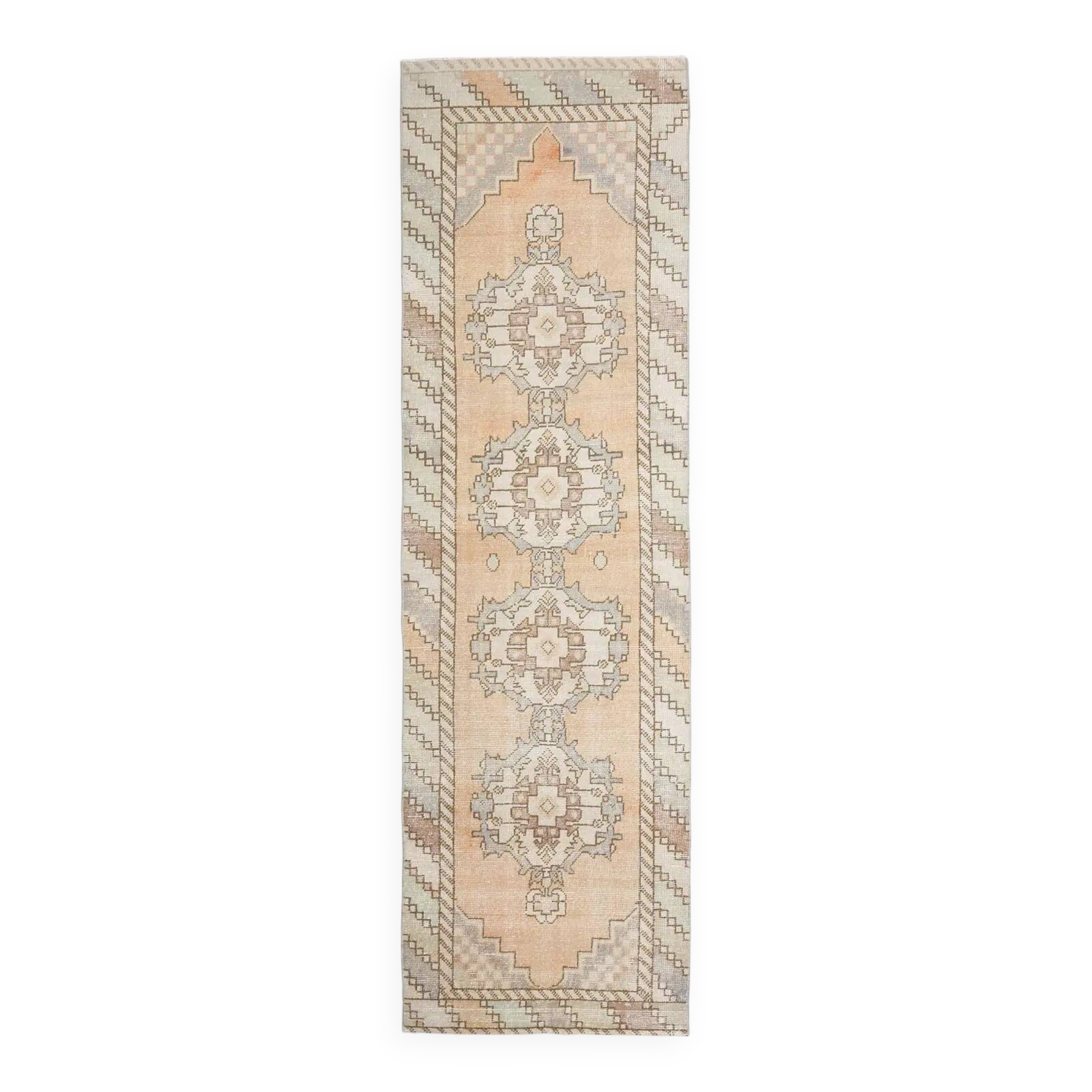 Tapis de couloir vintage turc Oushak fait main en laine et coton orange