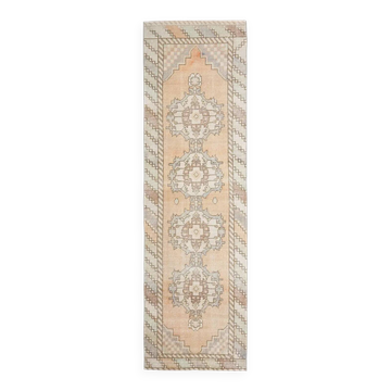 Tapis de couloir vintage turc Oushak fait main en laine et coton orange