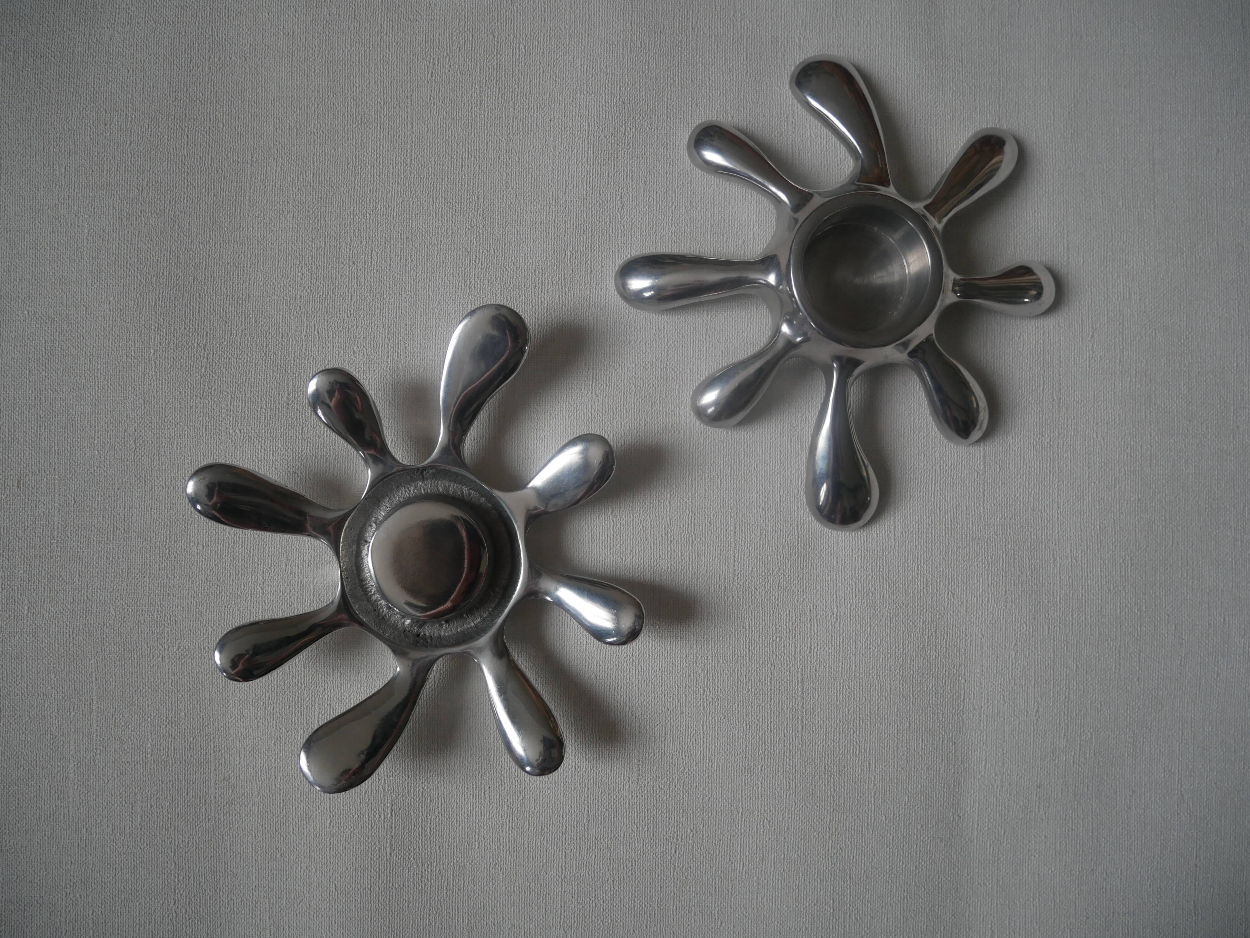 Pair of 80s 90s design aluminum candlesticks free form contemporary silver metal