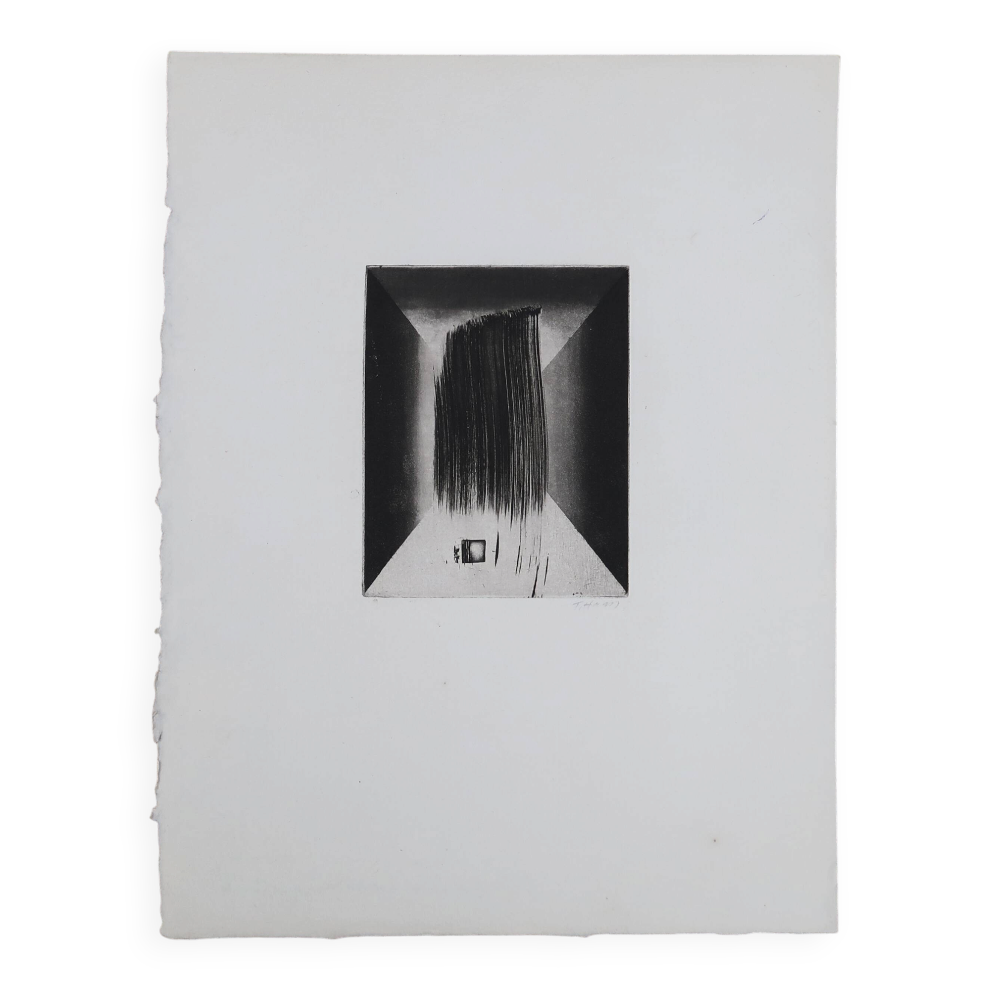 Minimalist abstract engraving in black and white by Terry Haass, 1960s.
