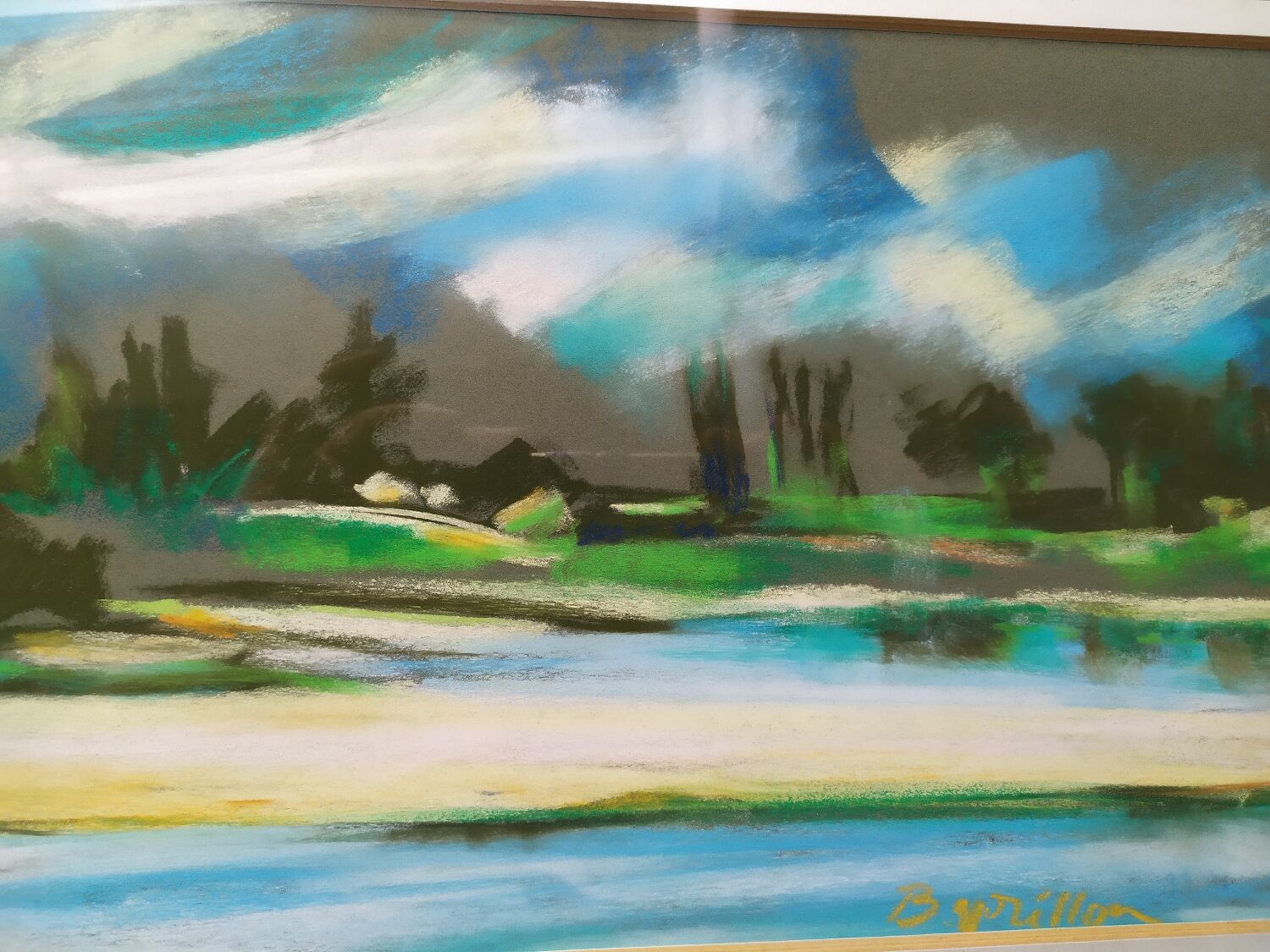 Landscape in framed pastel signed Burillon