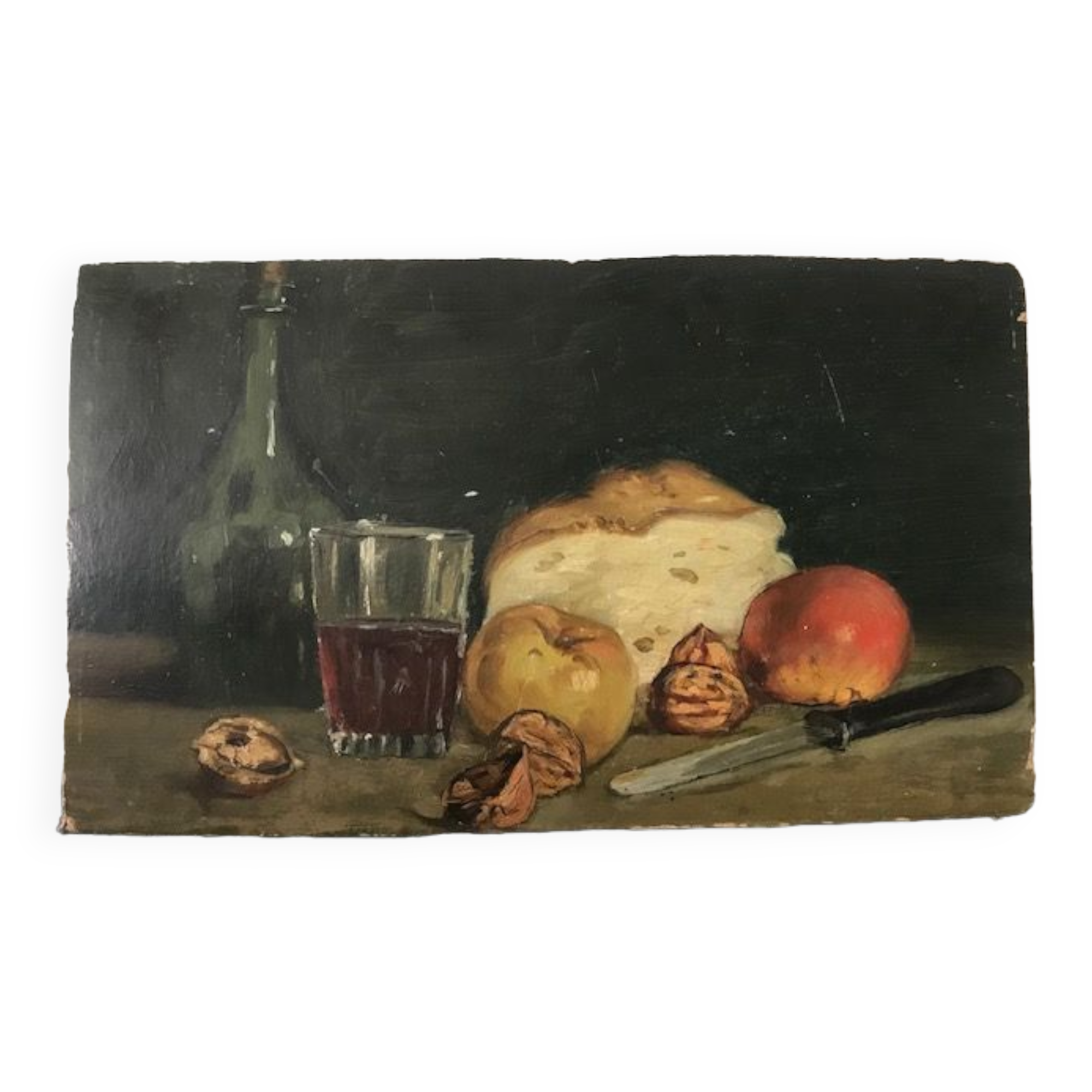 Natuere Morte (glass of wine, nuts, fruit, bread and knife)