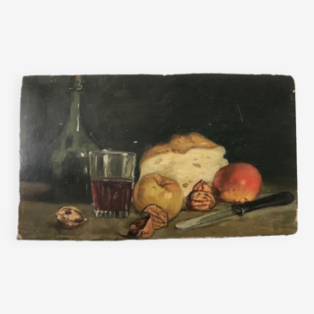 Natuere Morte (glass of wine, nuts, fruit, bread and knife)