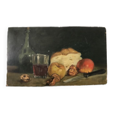 Natuere Morte (glass of wine, nuts, fruit, bread and knife)
