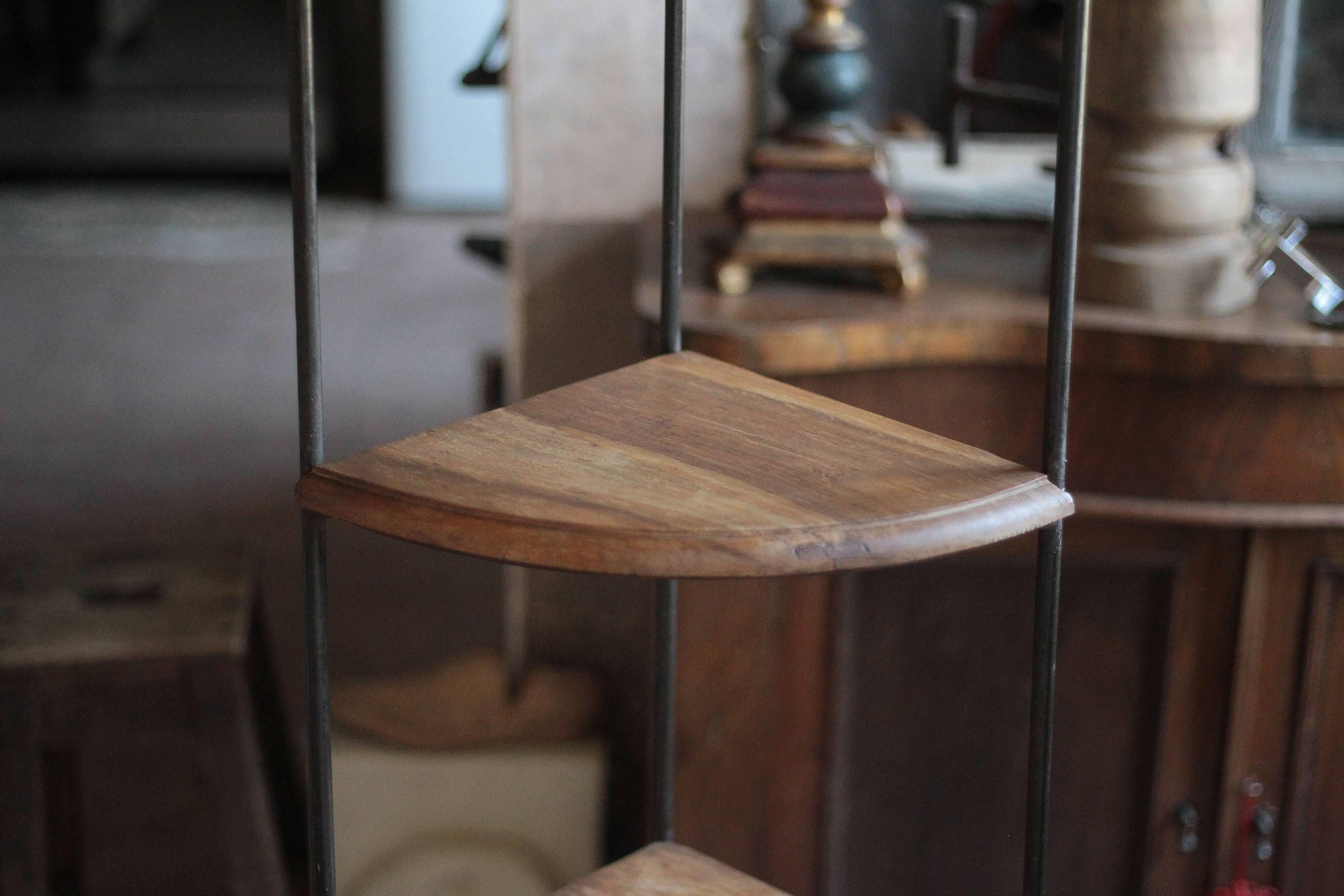 Wrought iron and wood corner unit, vintage corner furniture, corner shelf.