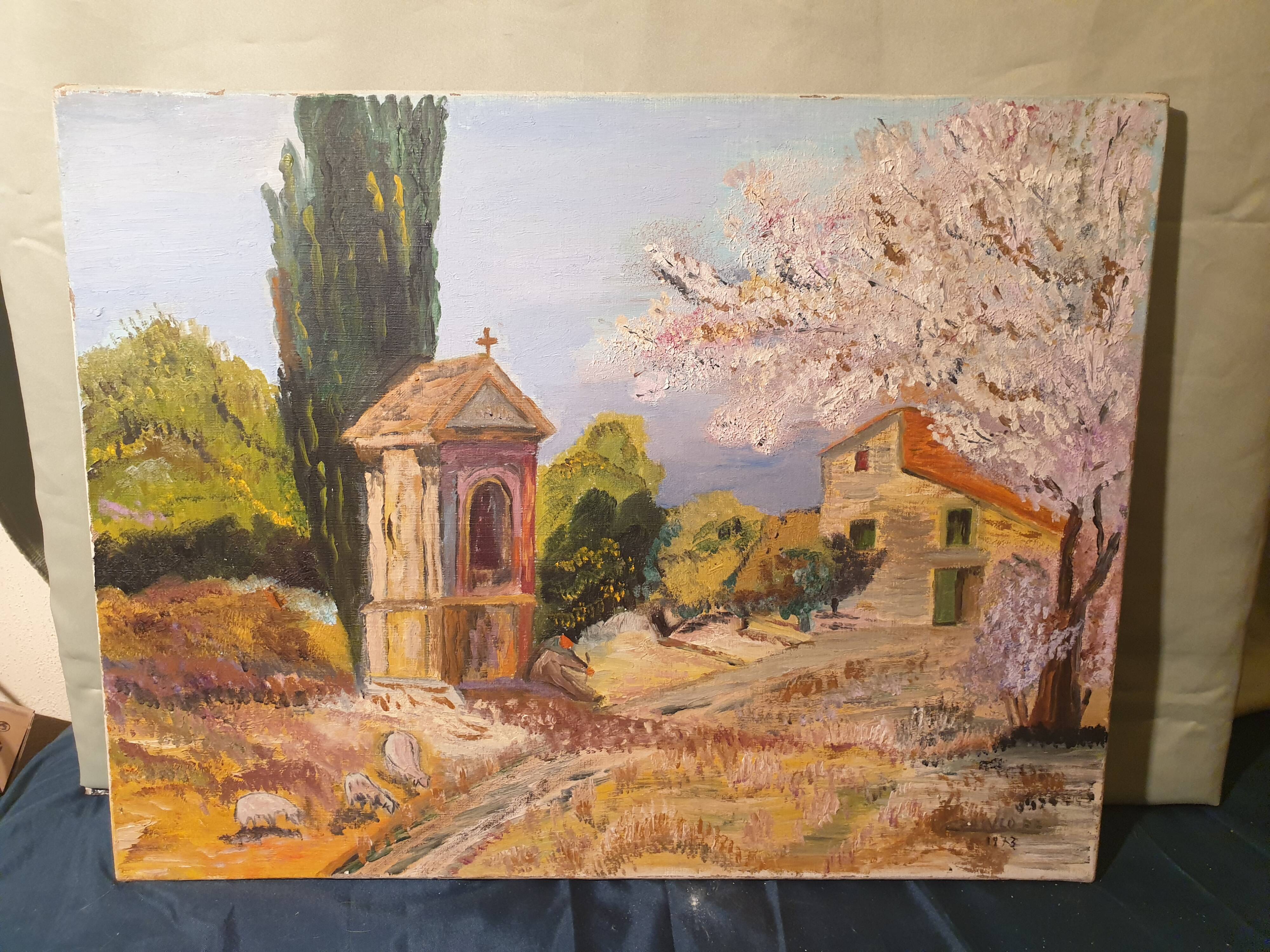Regionalism Provence Painting Oil on canvas Oratory Sheep dated and signed