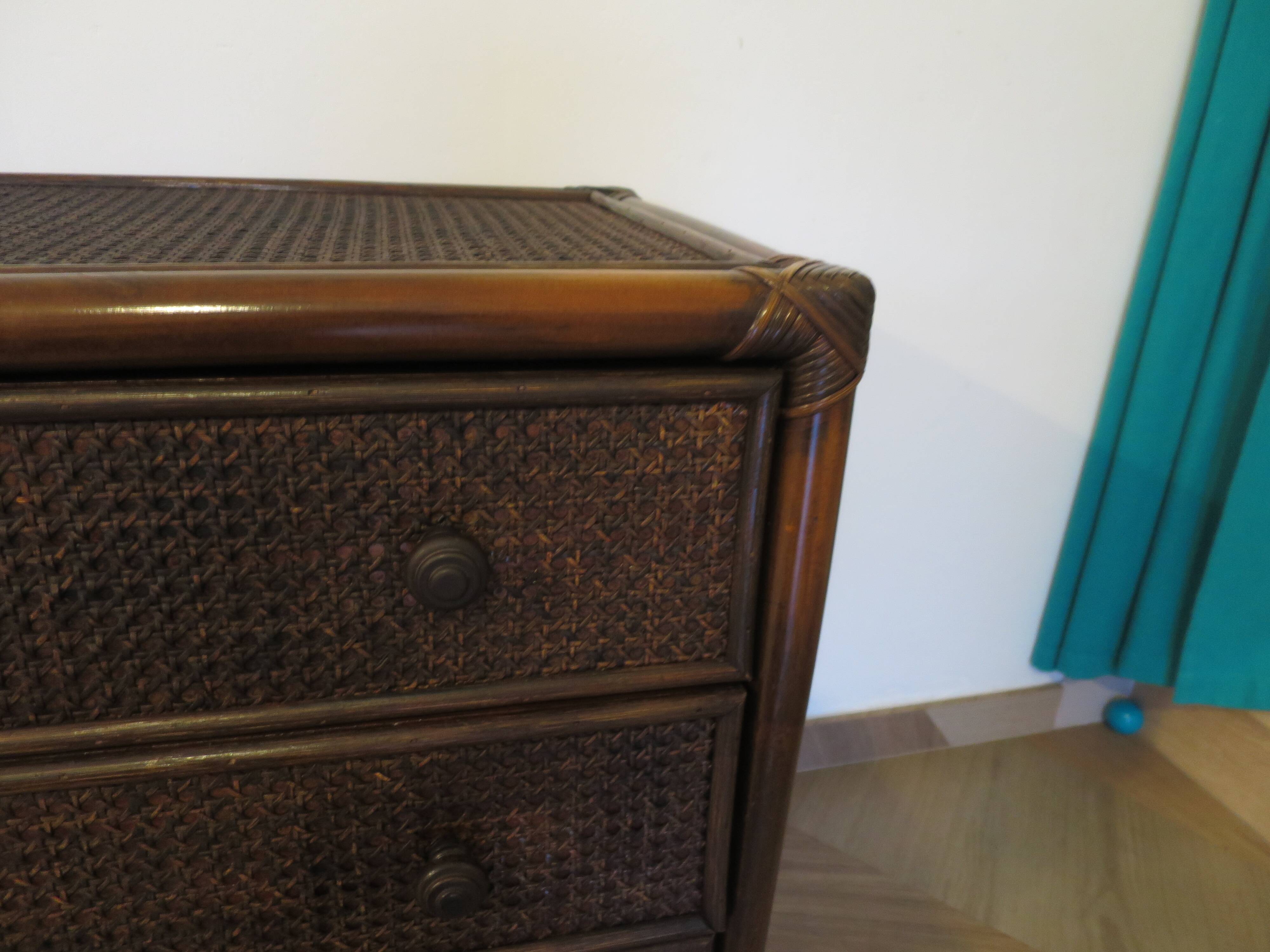Vintage 3-drawer chest of drawers - wood, bamboo and woven rattan - 1980s