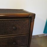 Vintage-commode 3 tioirs -bois bambou et rotin tressé - années 80