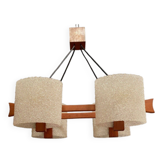 Scandinavian hanging chandelier in teak and resin 1960 four lights