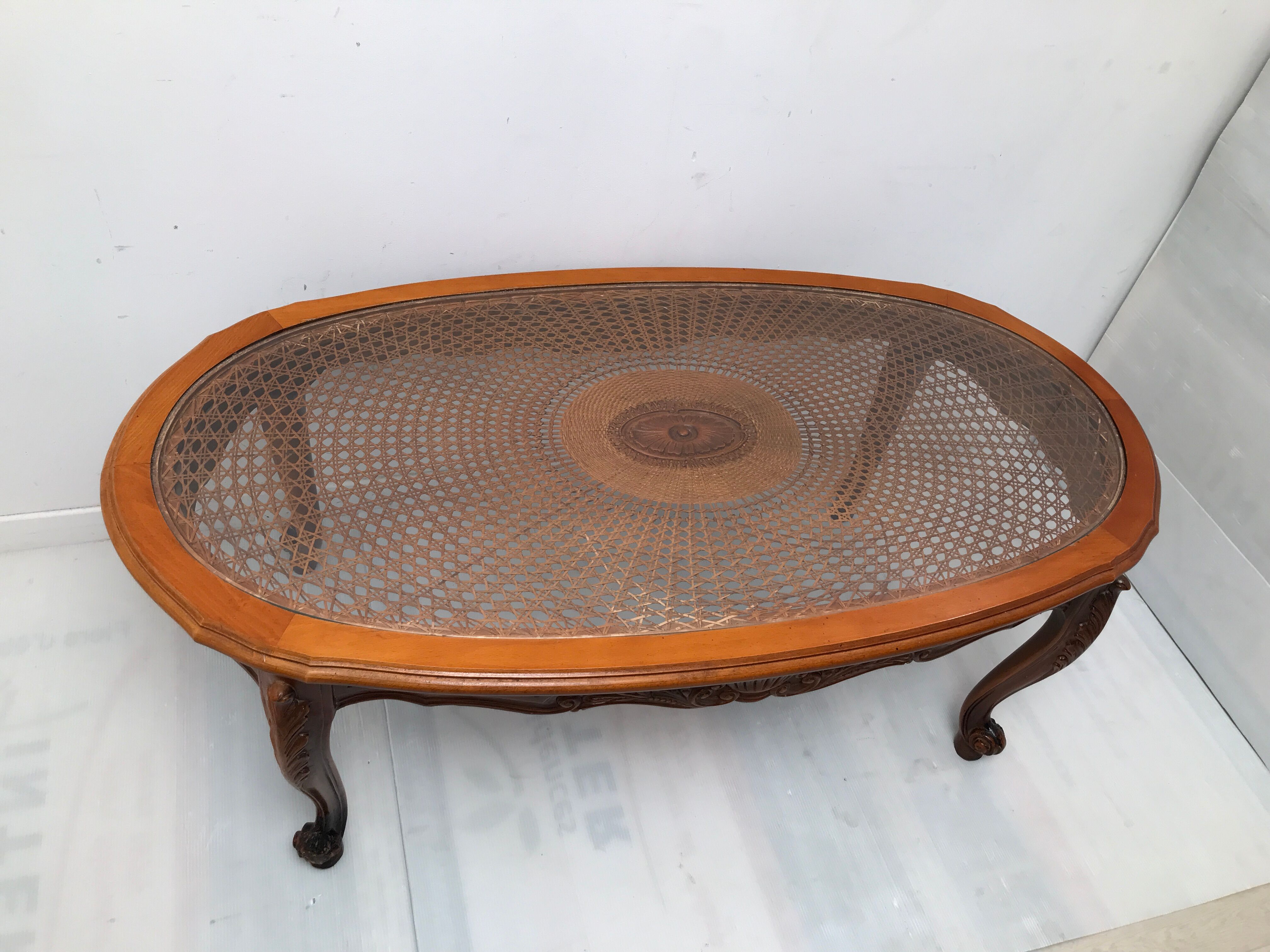 Cherry coffee table with cane top and vintage glass