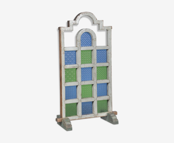 Paravent art deco bois et verre colores piece d'origine inde