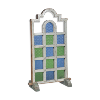 Paravent art deco bois et verre colores piece d'origine inde