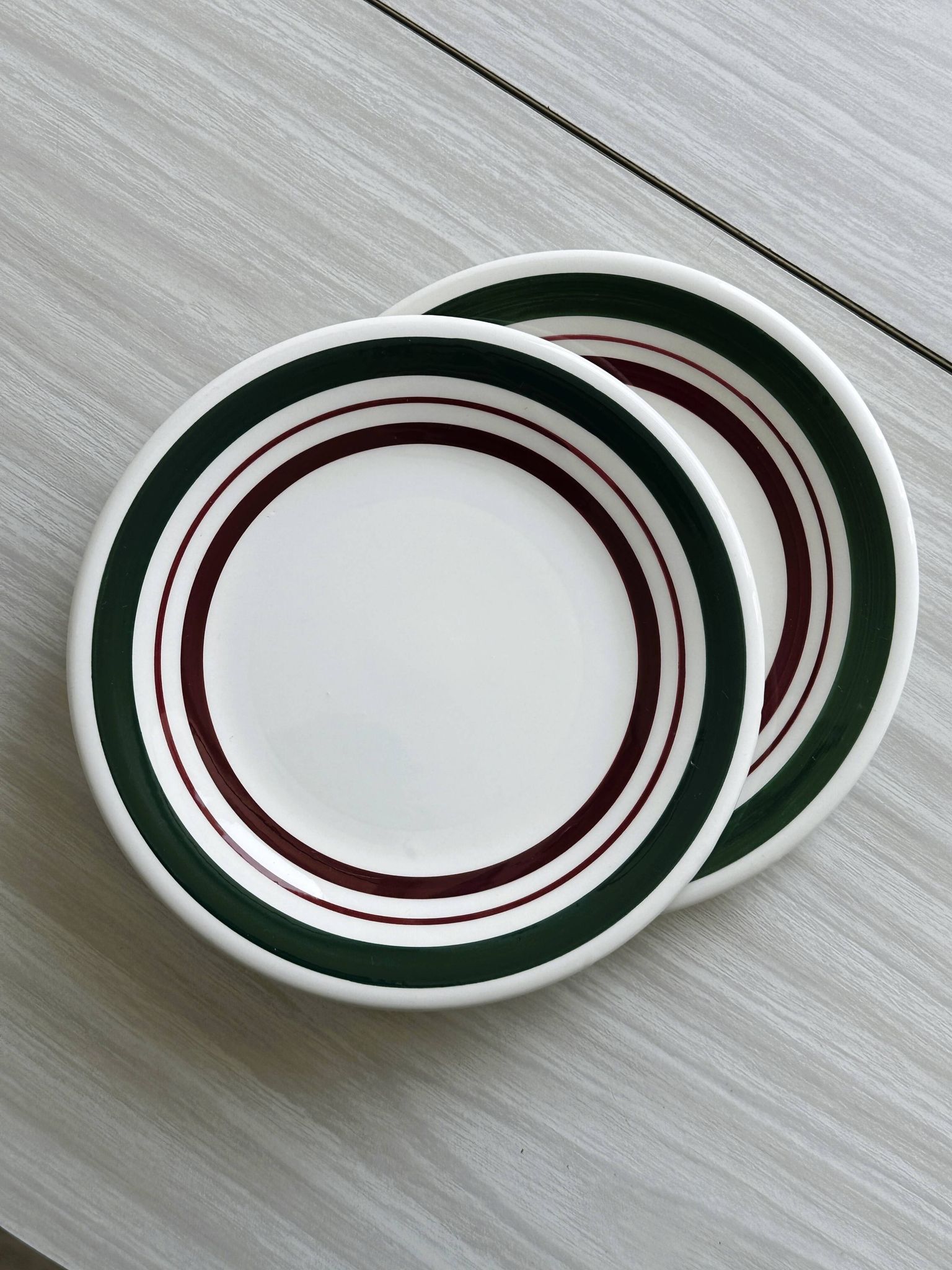 Vintage Dessert Plate Duo with Green and Burgundy Red Border