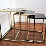 Three coffee tables trundle brass and glass black design 70s