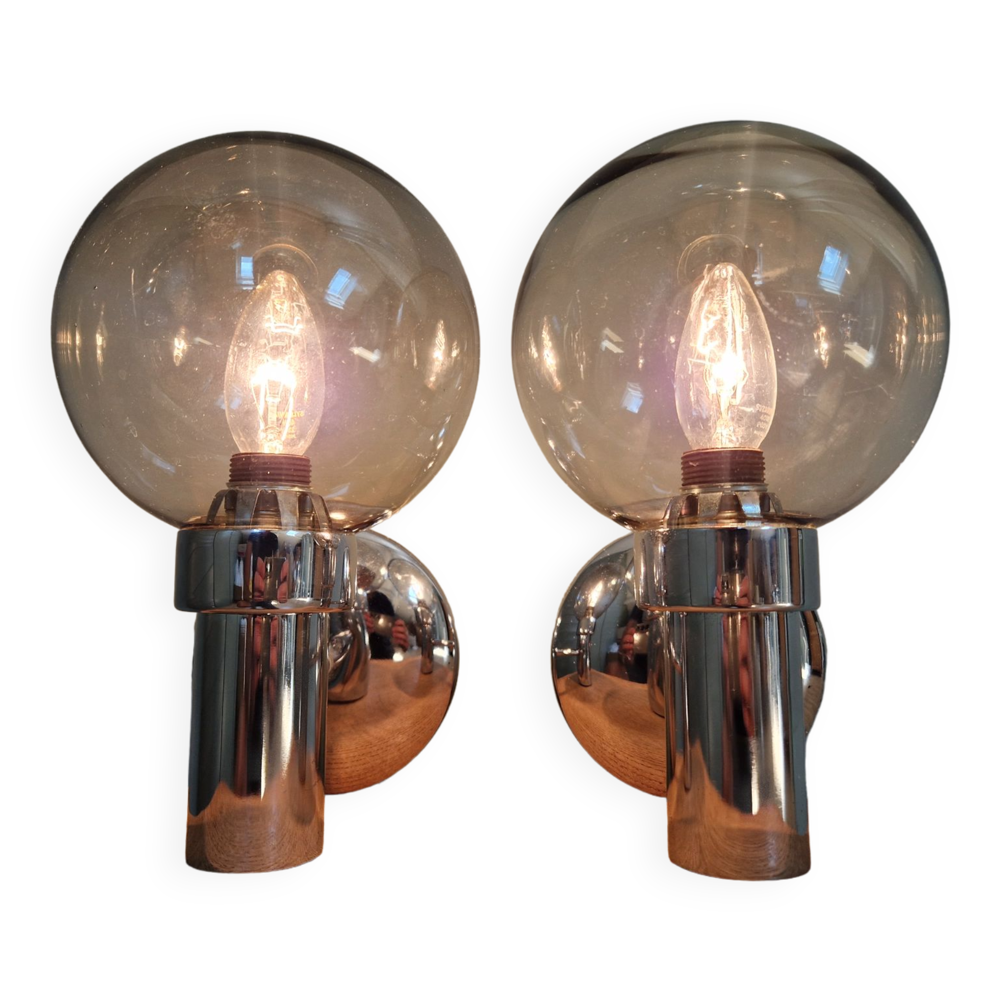 Pair of vintage wall lights in chromed metal and smoked glass, 70s