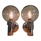 Pair of vintage wall lights in chromed metal and smoked glass, 70s