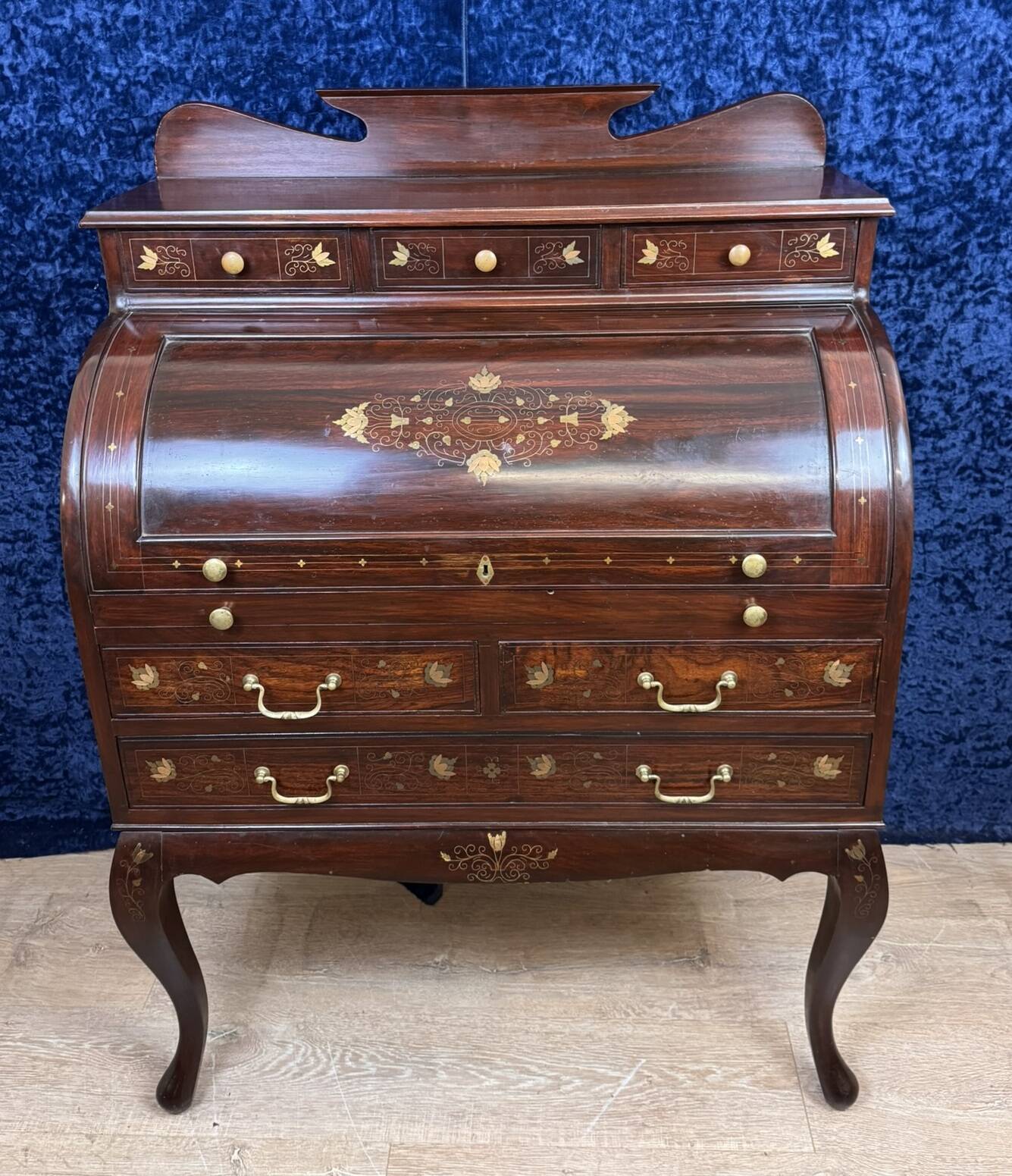 Cylinder desk in mahogany and inlaid marquetry circa 1900