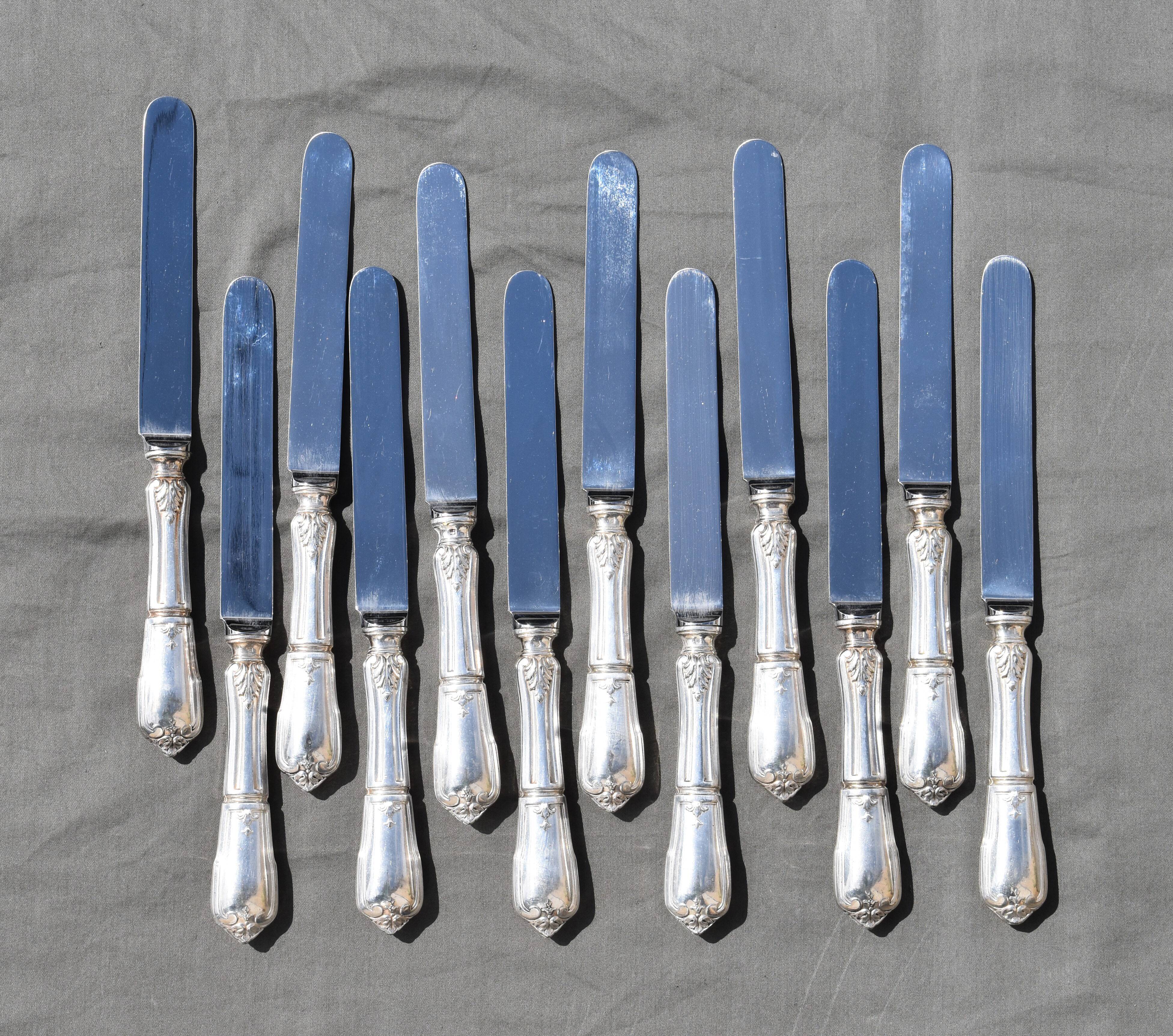 12 table knives in silver metal decor rocaille louis xv