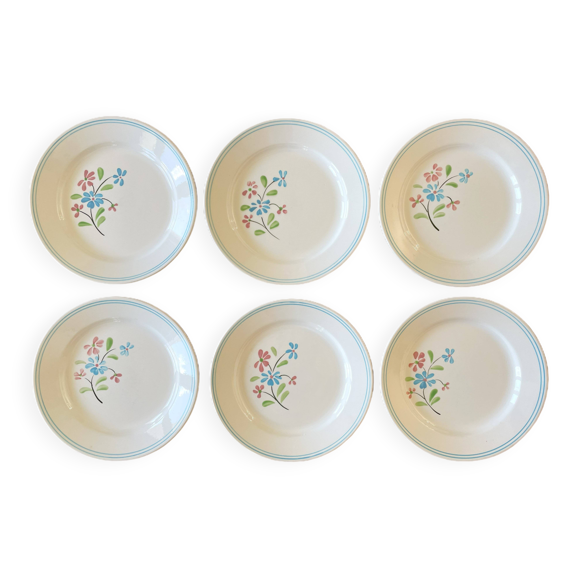 Lot De 9 Assiettes En Faïence Fine Salins Motif Les Palmes Floral - Occasion En Bon état D'usage