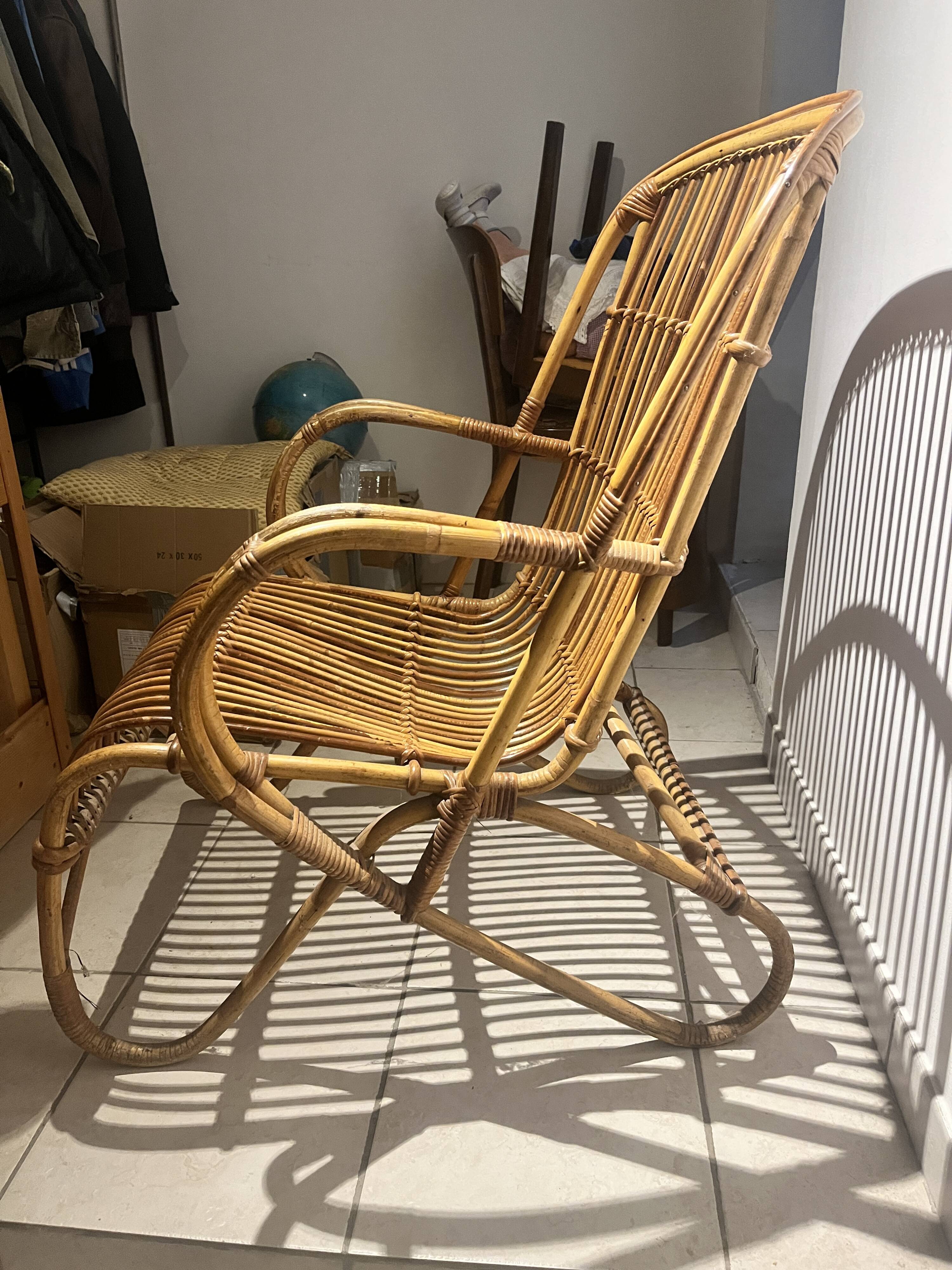 Vintage Rattan and Bamboo Armchair – Franco Albini Style – 1960s