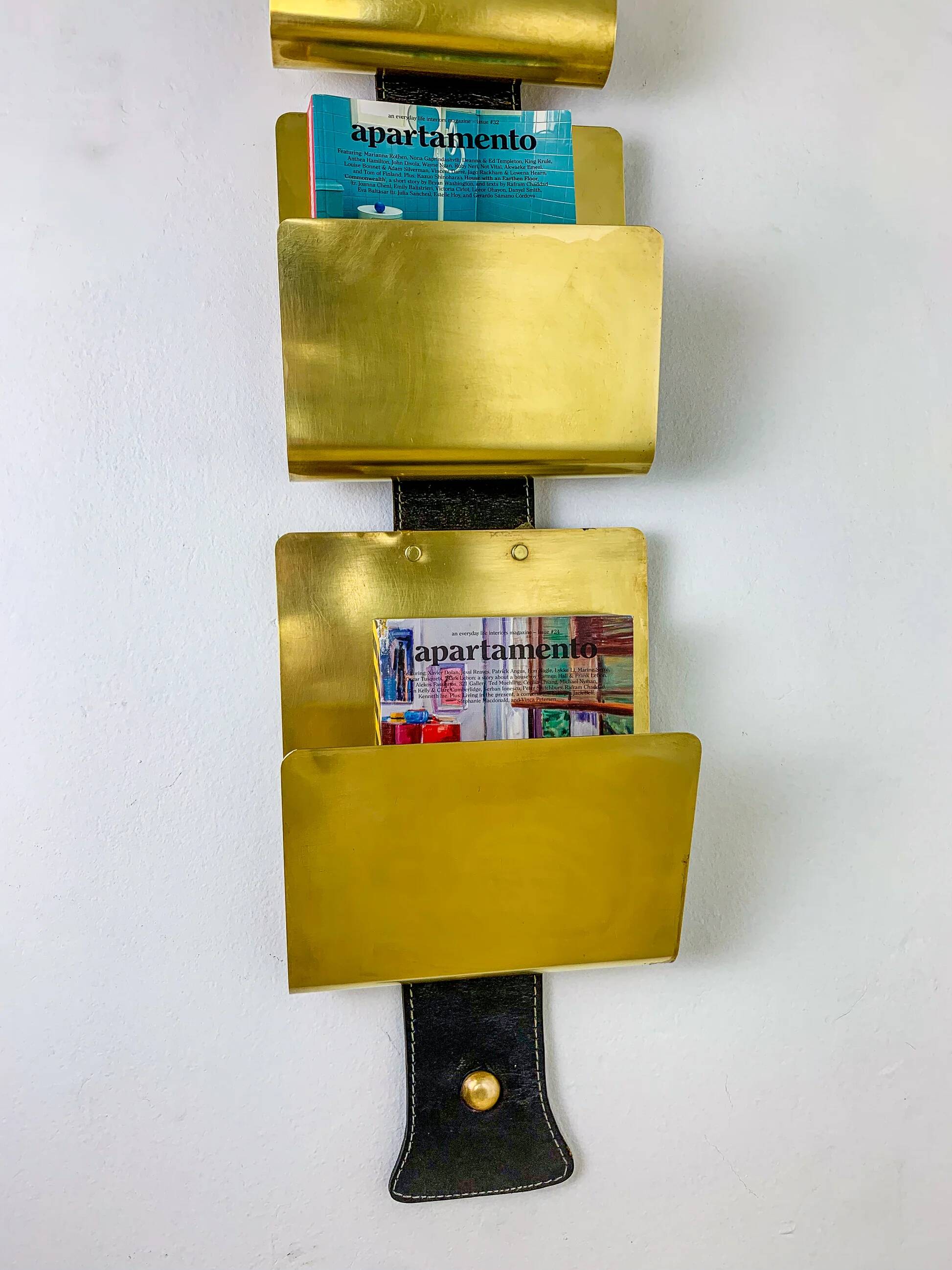 Valenti brass & leather wall-mounted magazine rack, Spain, 1970s
