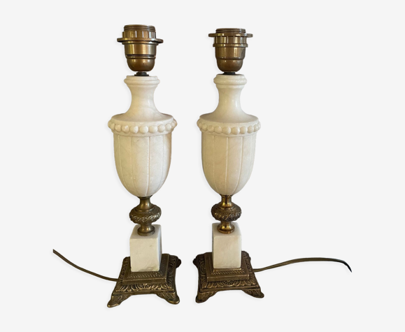 Paire de pieds de lampe marbre et laiton