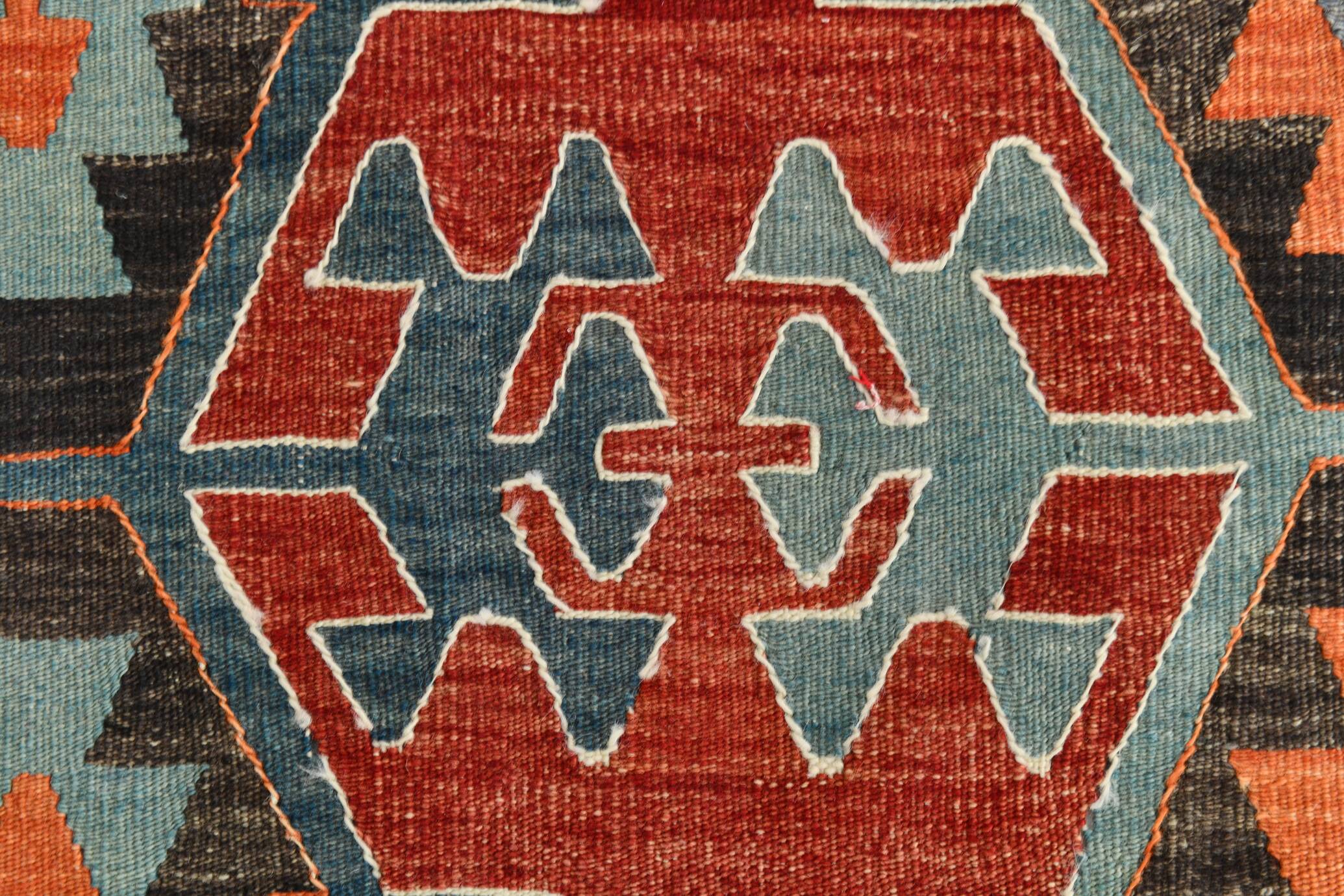 Tapis Kilim Vintage Rouge Motifs Géométriques Ethniques, 195x355 Cm