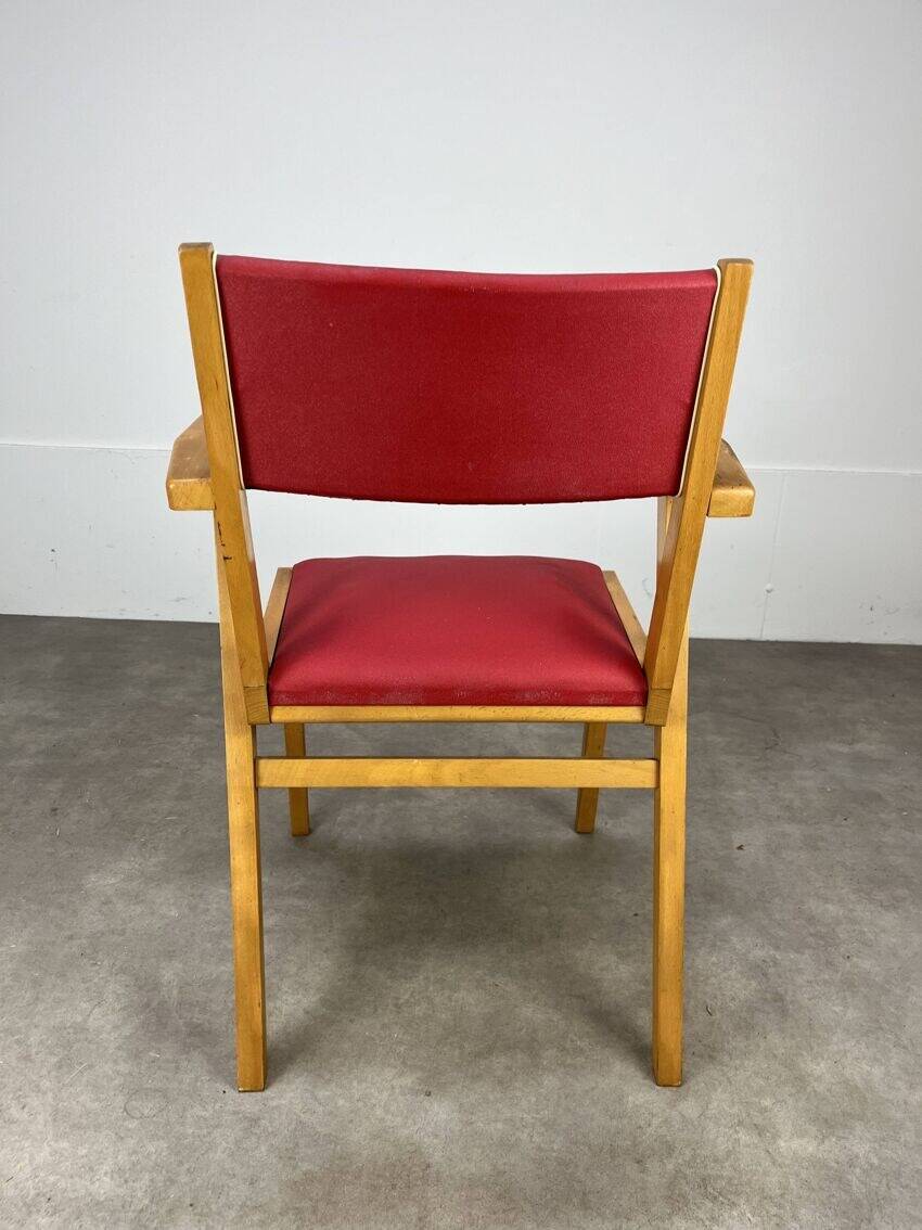 1950s bridge armchair, wood and red imitation leather