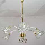 Amazing 6 light Art Deco Murano glass and brass chrome chandelier by Barovier