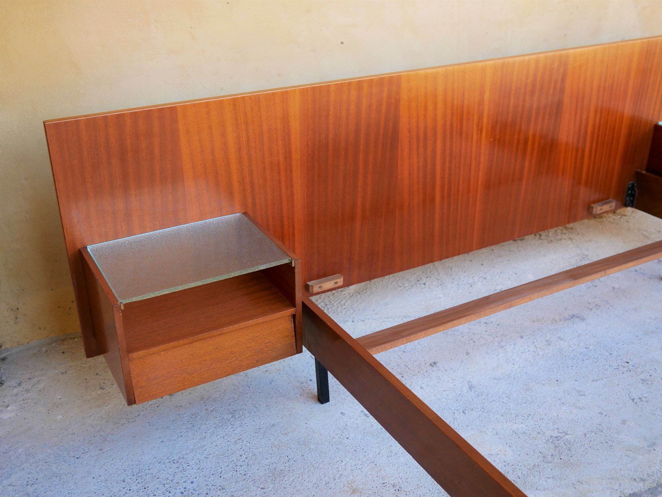 With suspended nightstands vintage teak bed