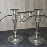 Pair of three-light candlesticks in silver-plated metal