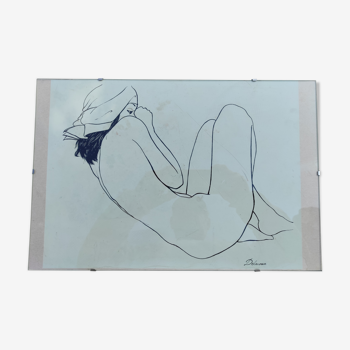 Litho de Delacoux woman lying naked under glass