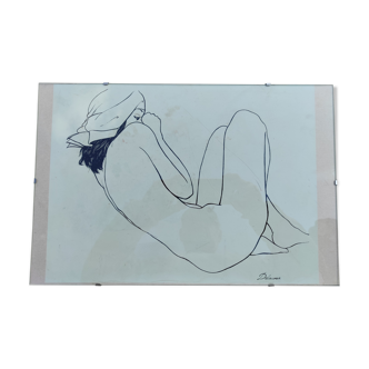 Litho de Delacoux femme allongée nue sous verre