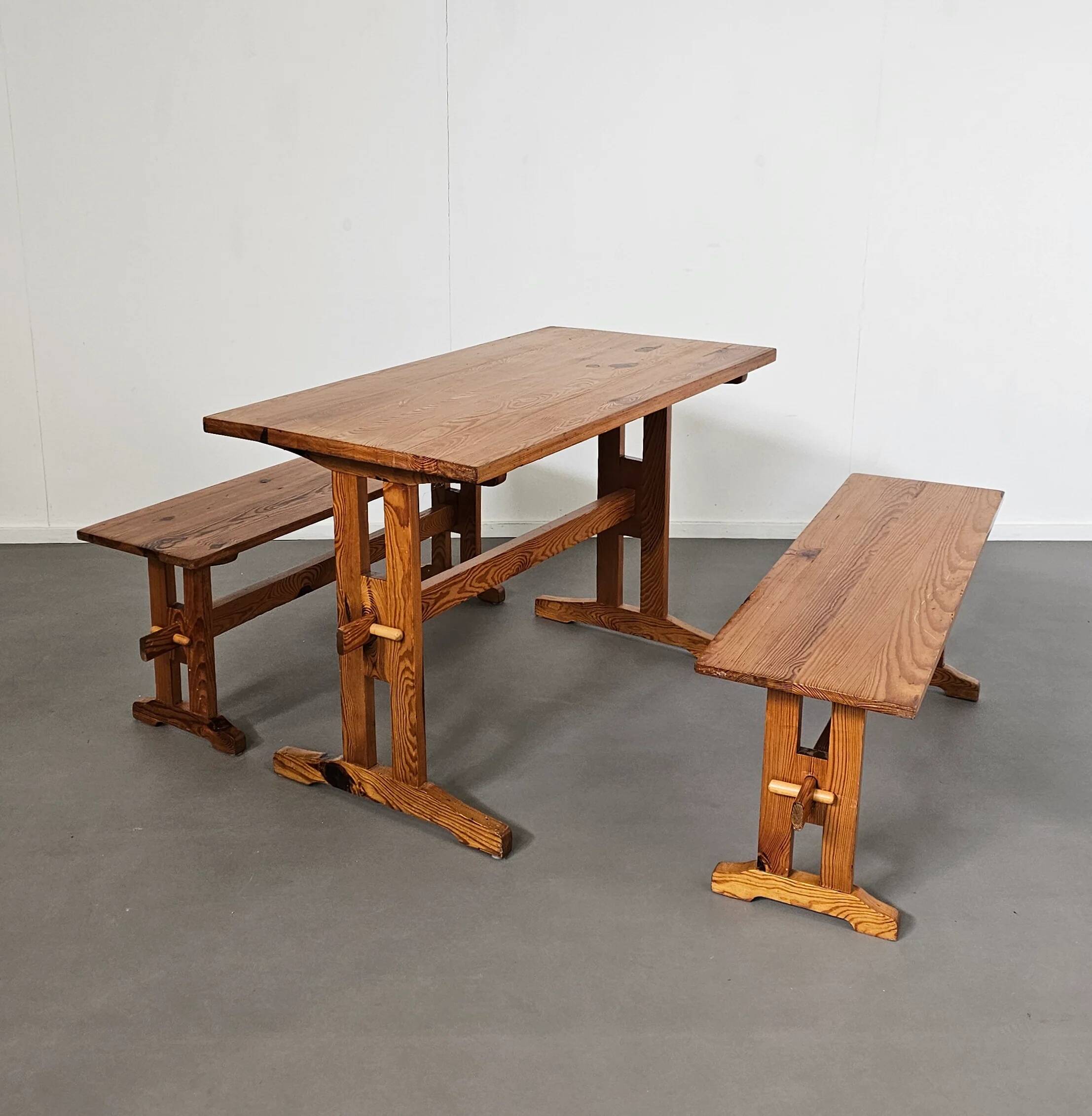 Scandinavian modern solid pinewood benches and dining table, 1970s