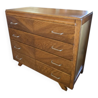 Vintage oak chest of drawers with herringbone patterns from the 1960s.
