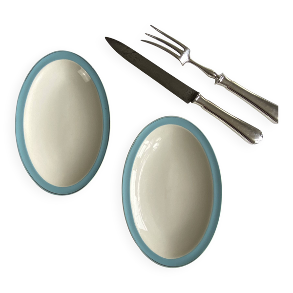 Ensemble de 2 raviers petit plat de service faïence ancienne Boch et Frères