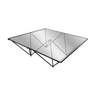 Black lacquered metal coffee table with a clear glass top. Attributed to Paolo Piva.