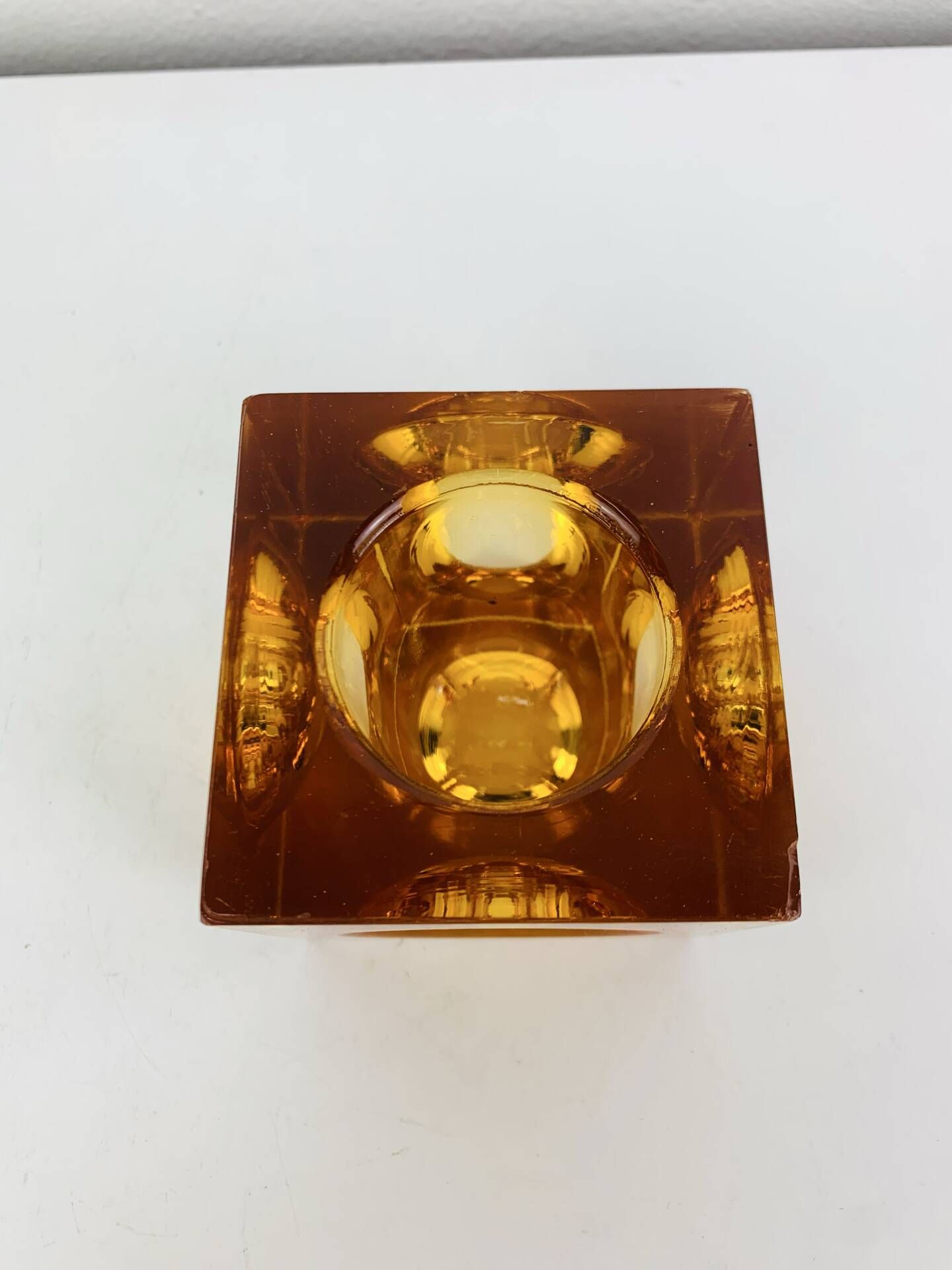 Bougeoir ice cube verre ambré années 60