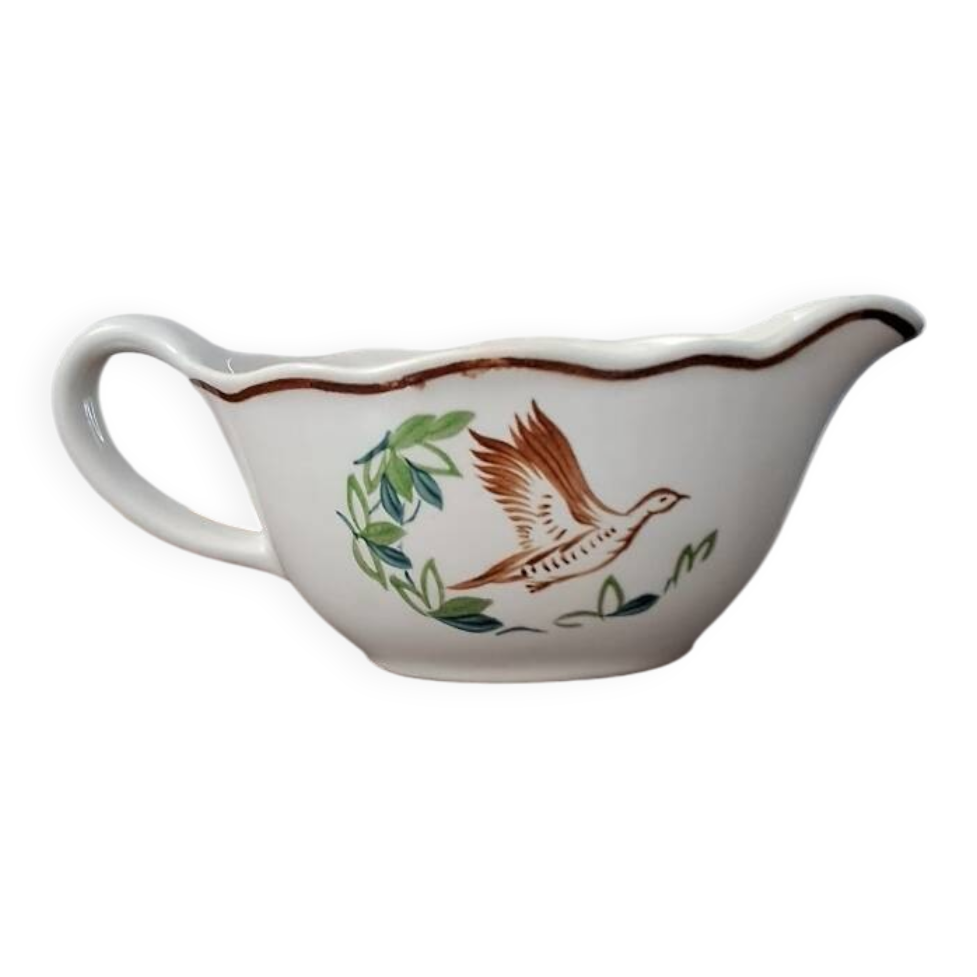 Digoin Sarreguemines sauceboat with hand-painted waterfowl decoration