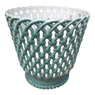 Vintage openwork turquoise blue plastic pot cover of the brand SYLA 3512. Seventies.