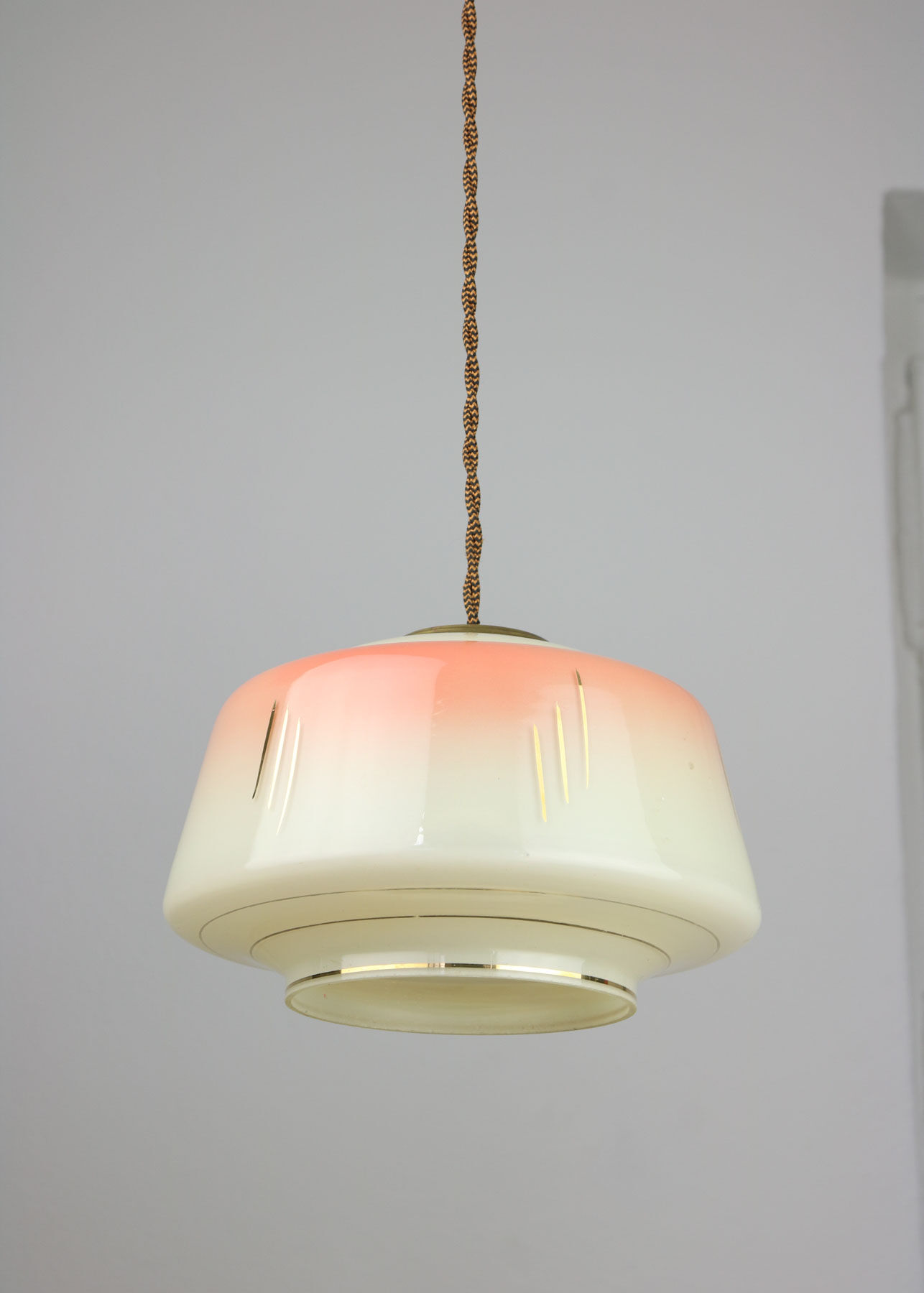 Vintage glass & brass salmon pendant lamp