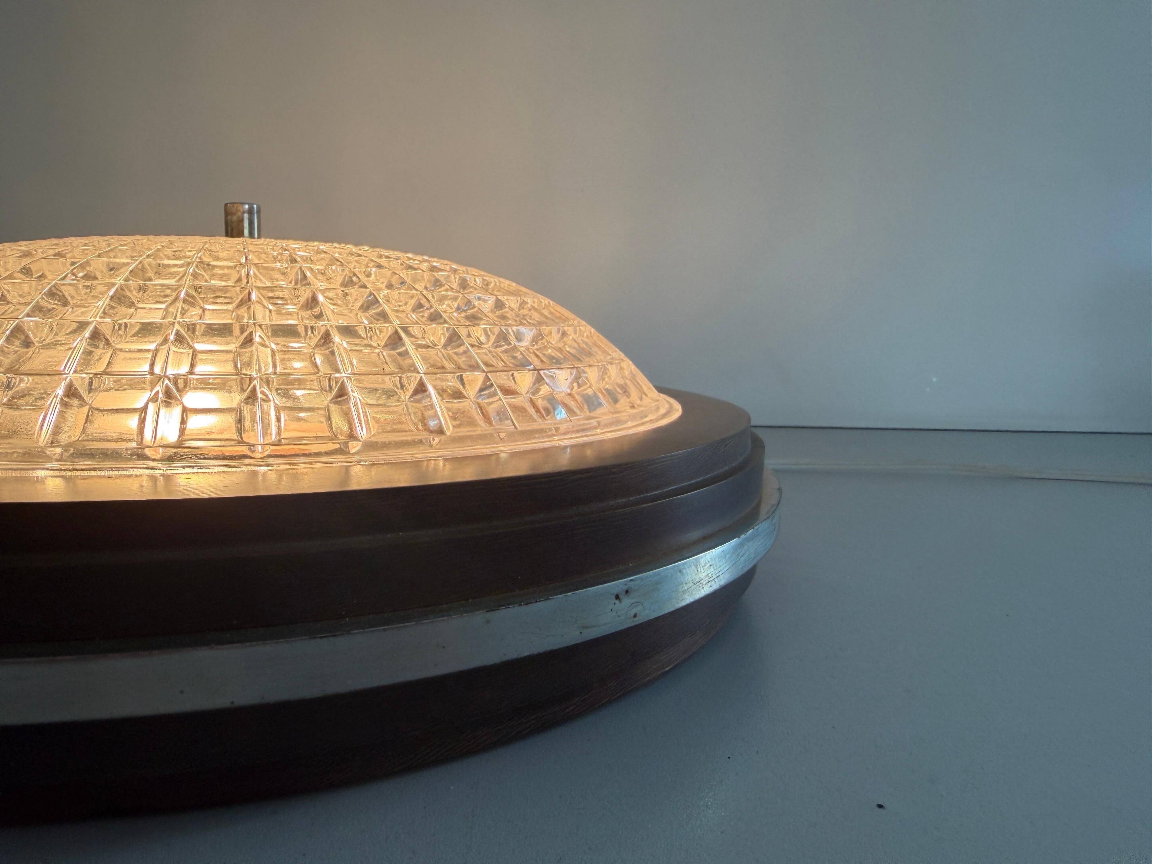 Flush mount in glass crystal and mahogany wood base, 1960s, Switzerland