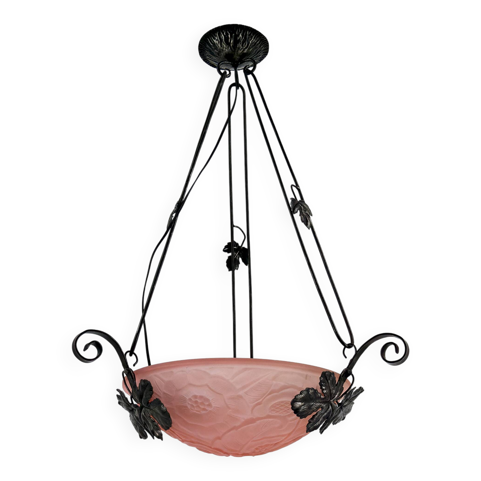 Wrought iron pendant light, pink bowl with floral decoration, Art Deco, Circa 1930