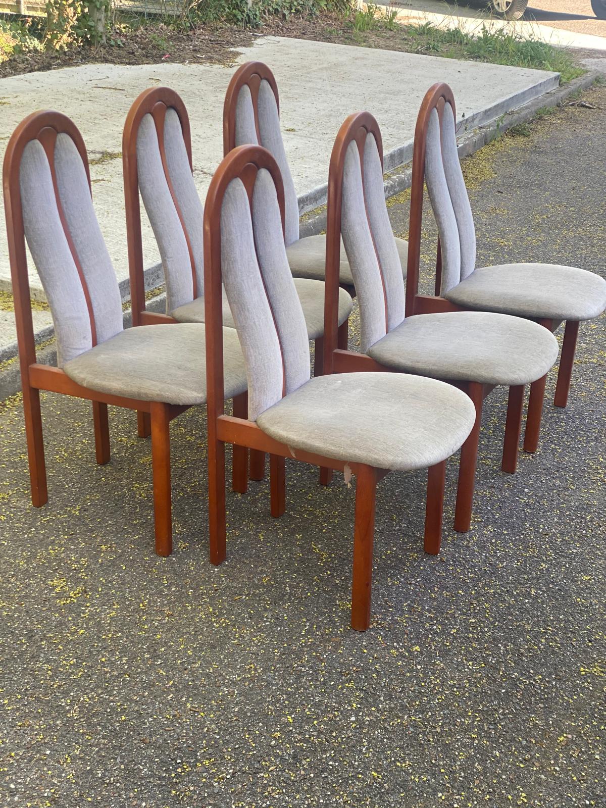 6 vintage cherry wood dining chairs with tweed fabric in MCM style 1970.