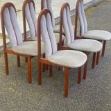 6 vintage cherry wood dining chairs with tweed fabric in MCM style 1970.