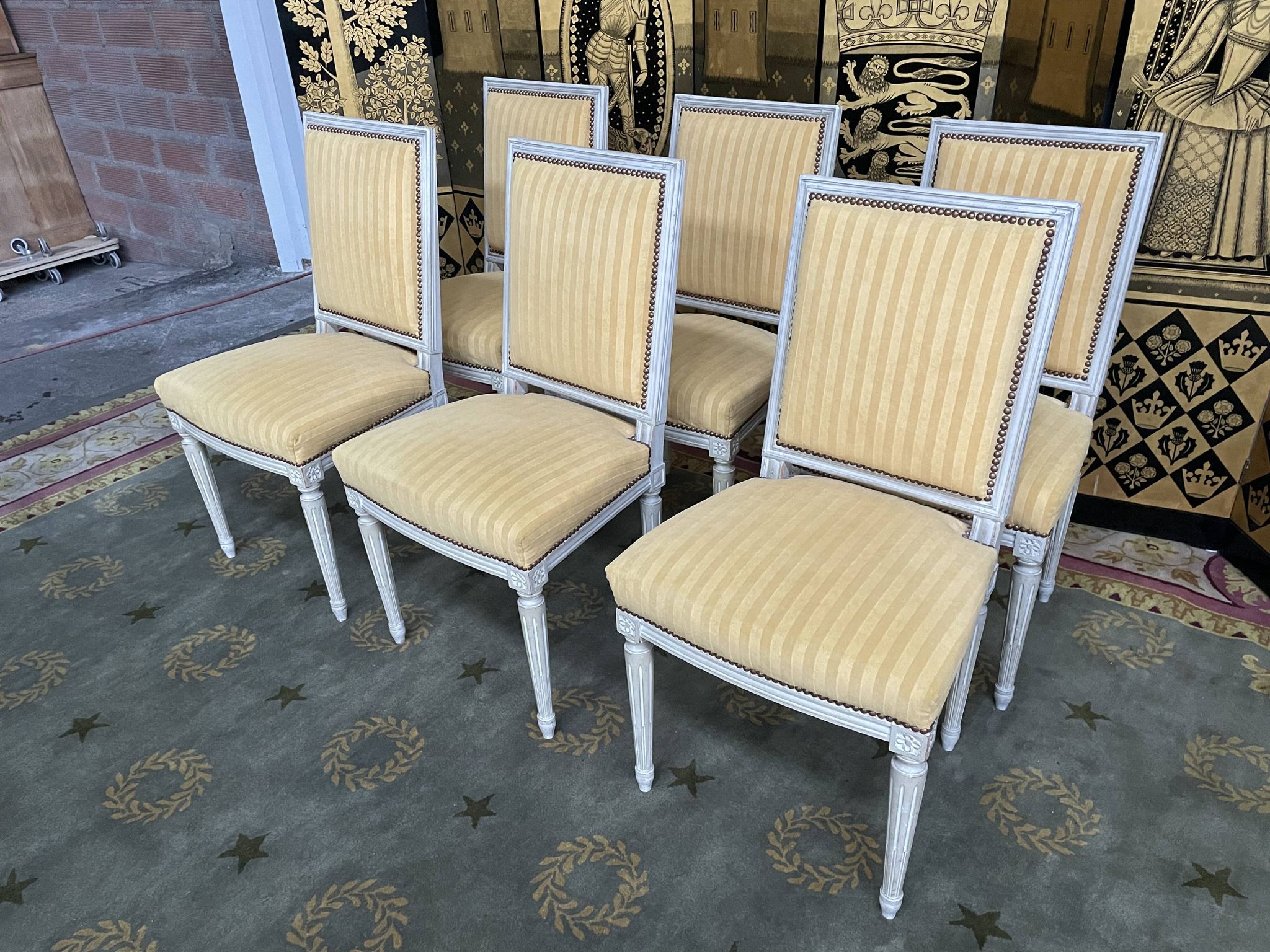 Suite of 6 louis XVI style chairs yellow velvet