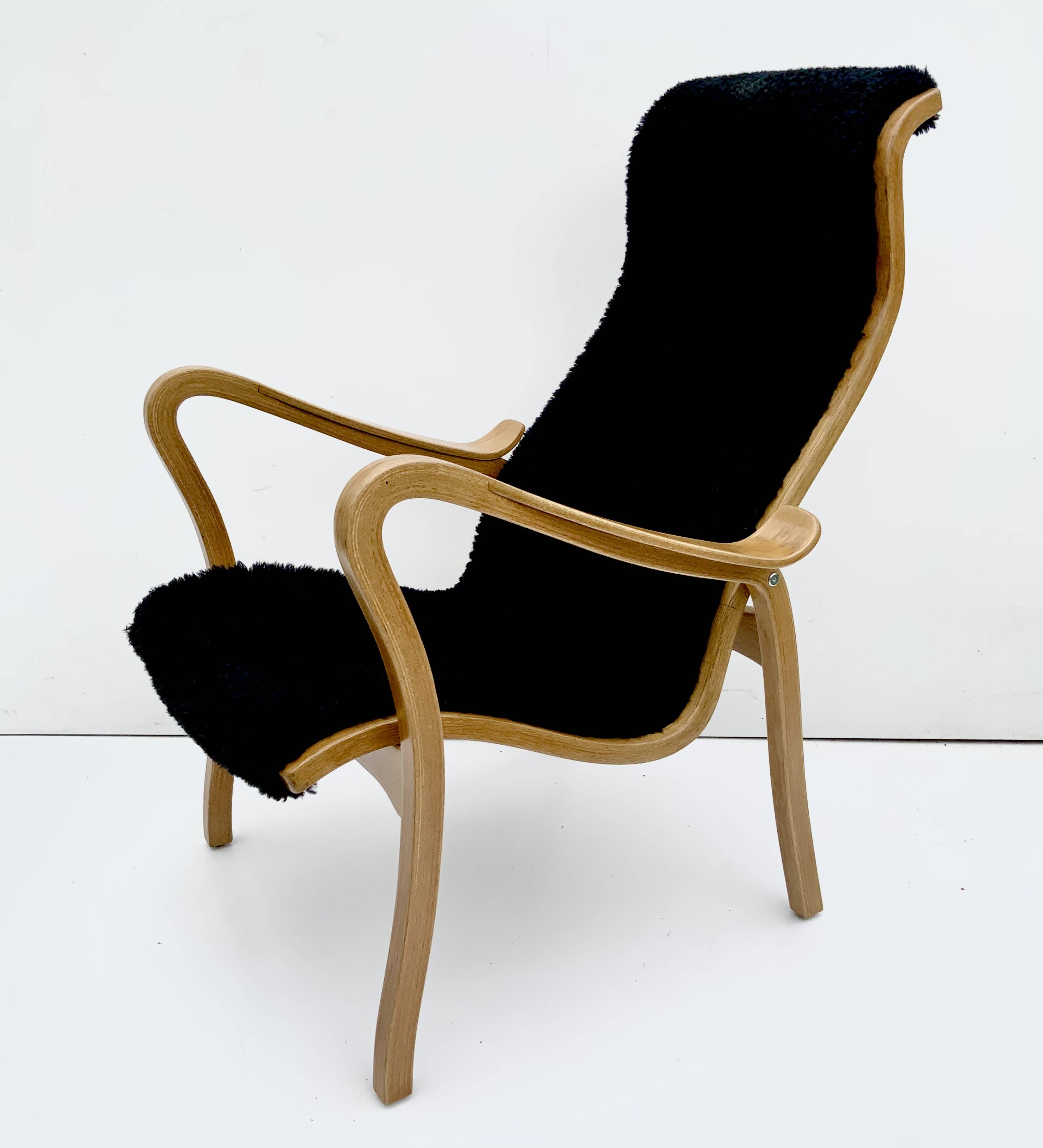 Vintage G.A. Berg “Torparen” Armchair, Oak, Black Sheepskin, Ottoman, 1960s