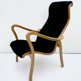 Vintage G.A. Berg “Torparen” Armchair, Oak, Black Sheepskin, Ottoman, 1960s