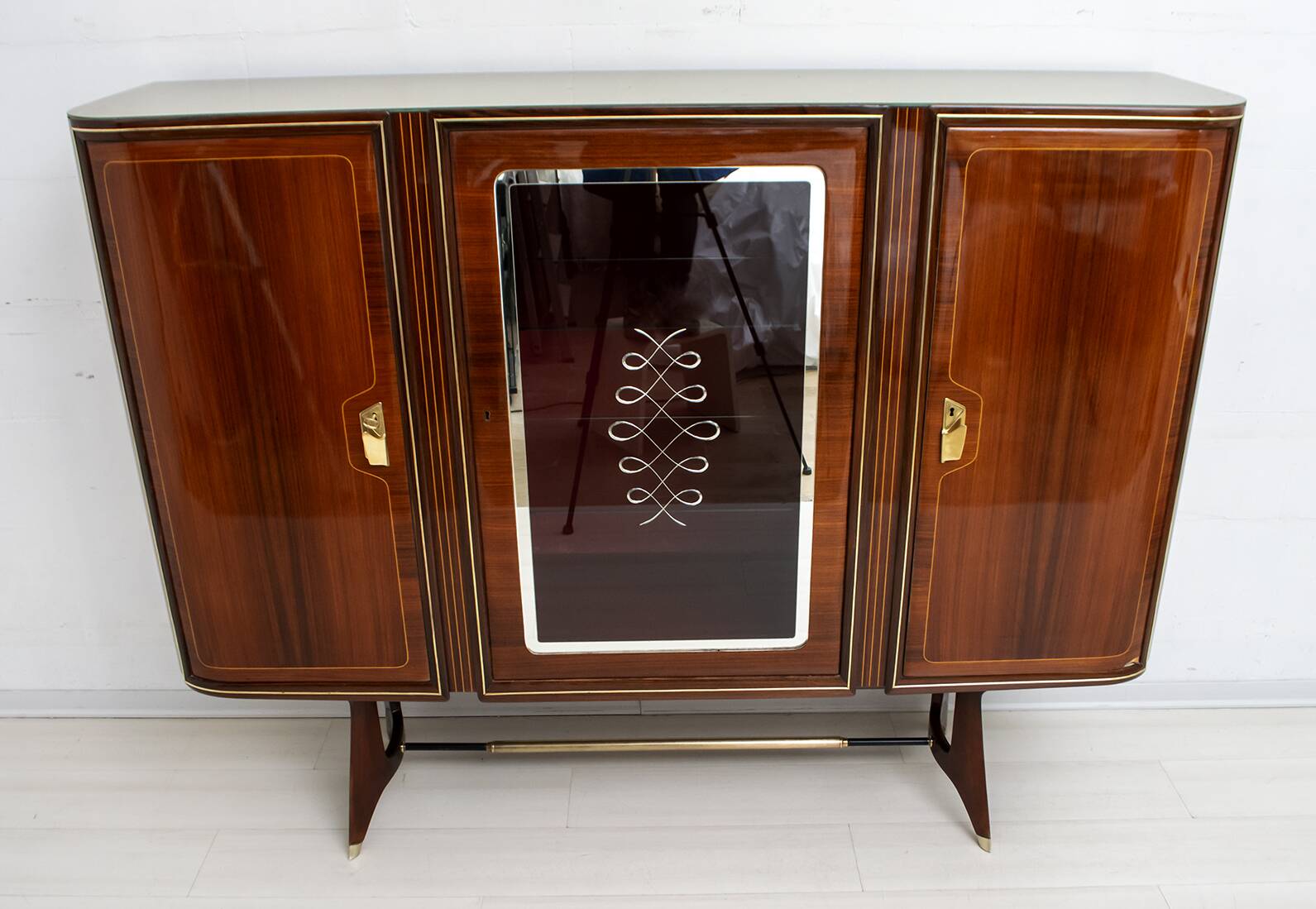 Attributed Gio Ponti Mid-Century Italian Mahogany and Brass Bar Cabinet, 50